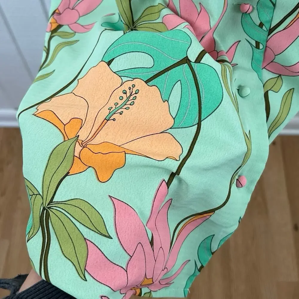 Lulus Green Floral Shirt Dress Preppy Spring Mini XL - Picture 3 of 8